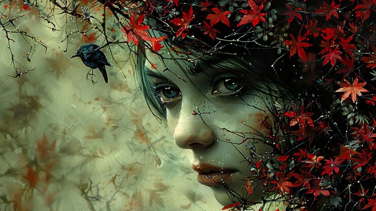 फोटो a woman with blue eyes and a bird on her face