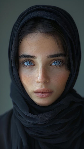 a woman with blue eyes and a black scarf