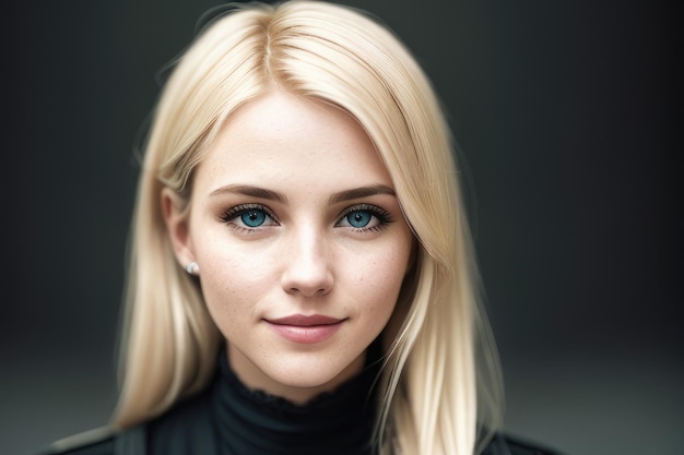 A woman with blue eyes and a black turtleneck