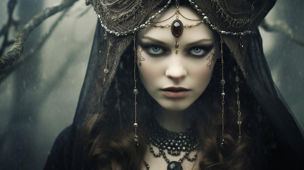 A woman with blue eyes and a black veil