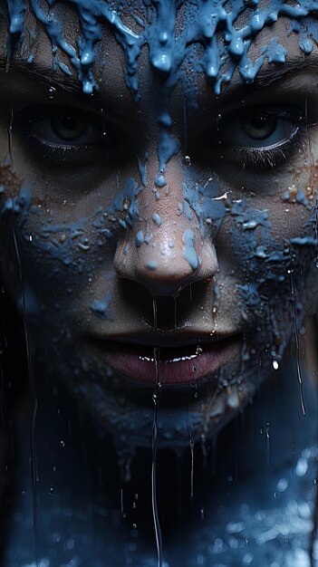 a woman with blue eyes and a blue background with water drops