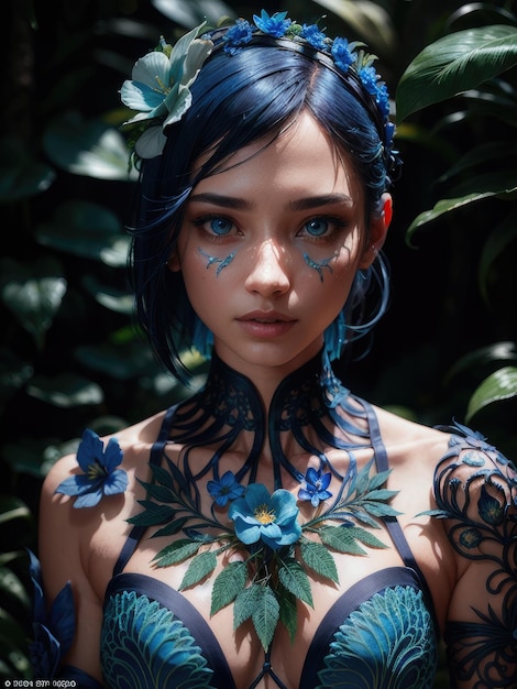 파란 눈과 파란 머리를 가진 여자가 나뭇잎이 있는 녹색 배경 앞에 서 있습니다.