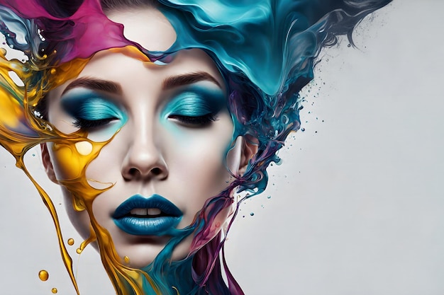 woman with blue eyes and blue lips is painted with a rainbow of colors