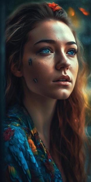 Photo a woman with blue eyes and a blue and red flower on her chest