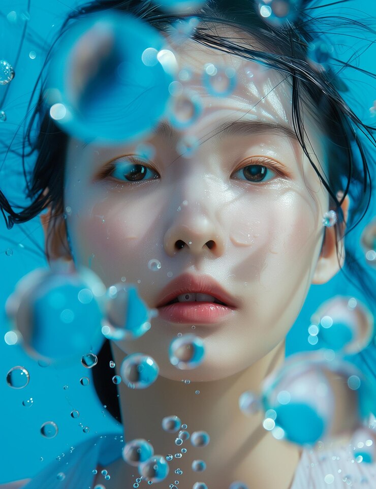 a woman with blue eyes and a blue water background