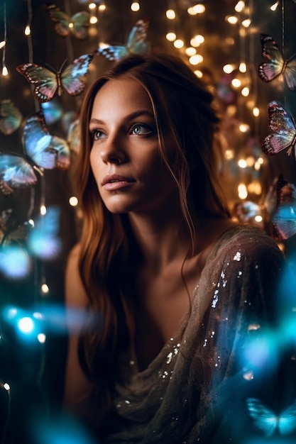 A woman with blue eyes and a blurred background of butterflies