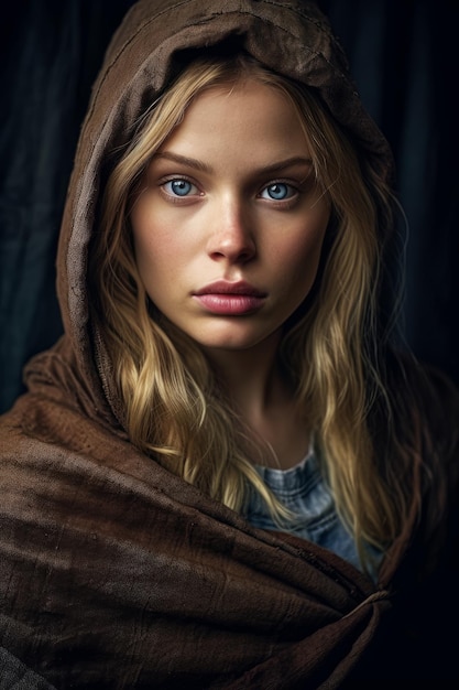 A woman with blue eyes and a brown scarf