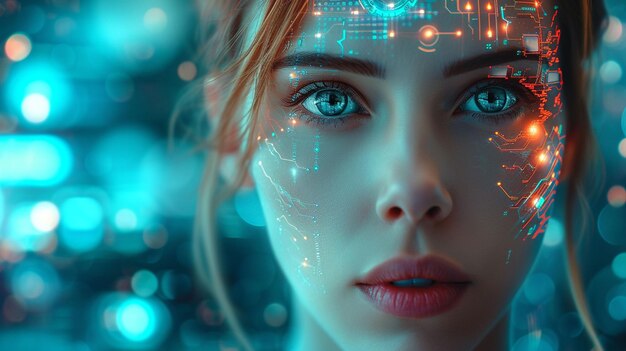 Woman With Blue Eyes and Circuit Board on Face