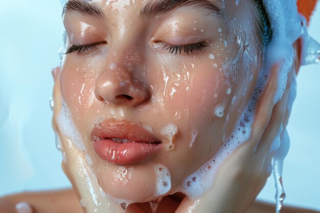 Photo woman with blue eyes cleansing her face with foaming soap drop of water cascading down her cheeks