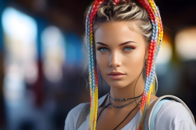 Woman with blue eyes and colorful braids