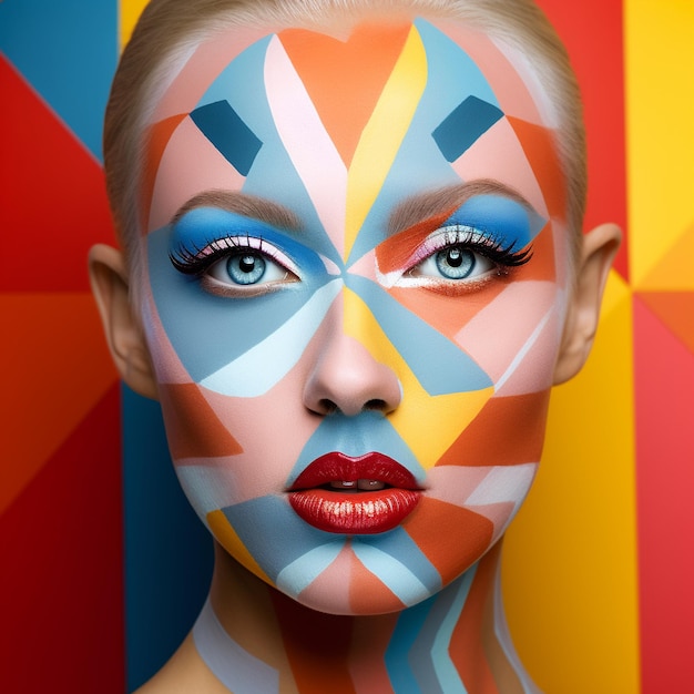 a woman with a blue eyes and a colorful face painted with the colors of the sun.