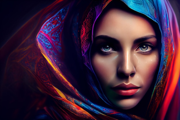 A woman with blue eyes and a colorful scarf