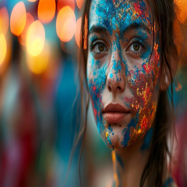 A Woman with Blue Eyes Covered in Colorful Powder