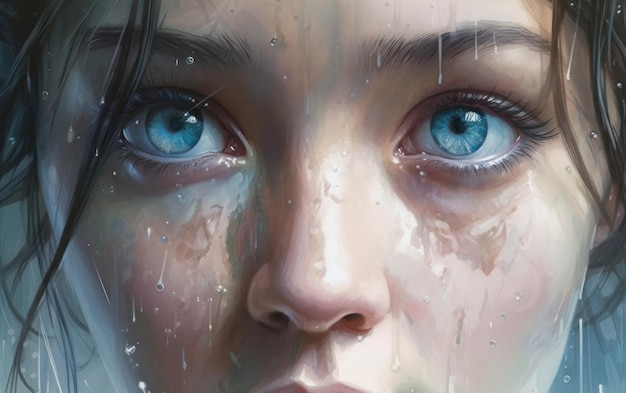 A woman with blue eyes crying in the rain