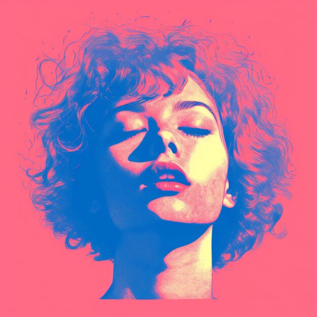 Photo a woman with blue eyes and curly hair on a pink background