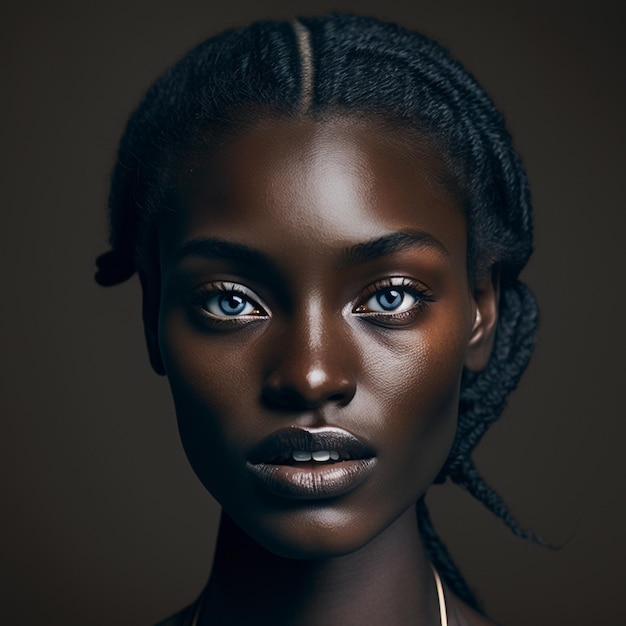 A woman with blue eyes and a dark background