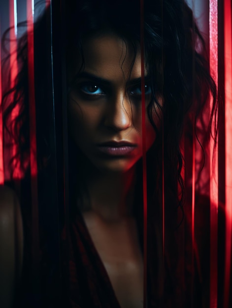 A woman with blue eyes and dark hair standing in front of a red curtain