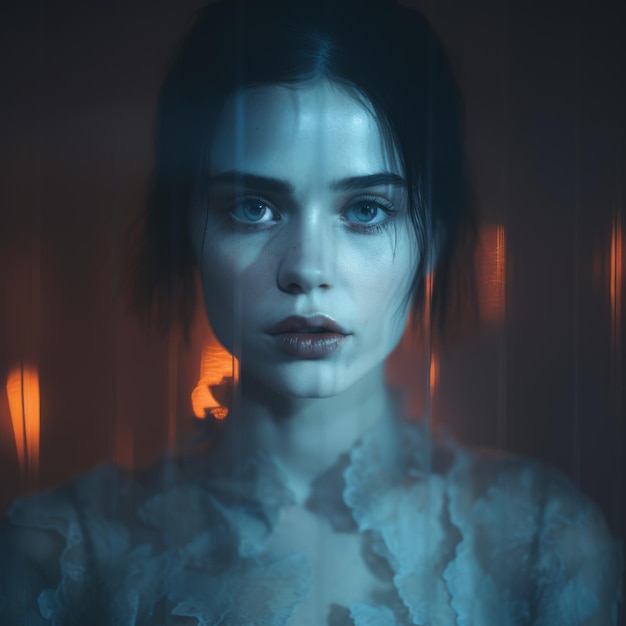 a woman with blue eyes in a dark room