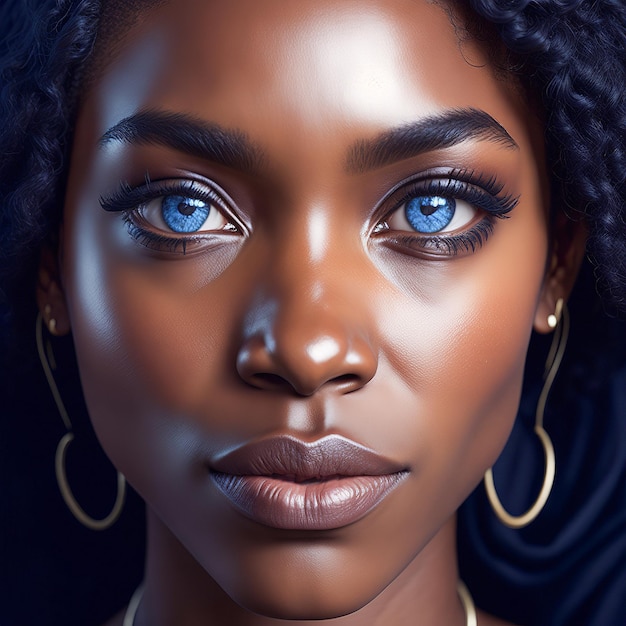 A woman with blue eyes and a dark skin