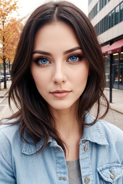 Photo a woman with blue eyes and a denim shirt