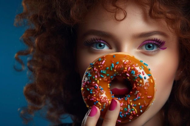 Photo a woman with blue eyes and a donut in her hand