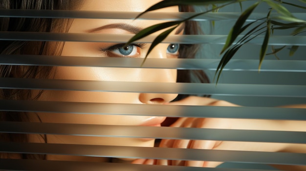 woman with blue eyes and eye behind blinds