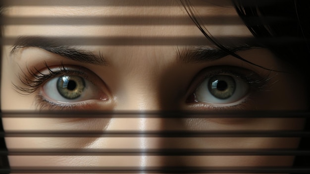 woman with blue eyes and eye behind blinds