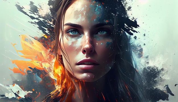 Photo a woman with blue eyes and a fire in her hair