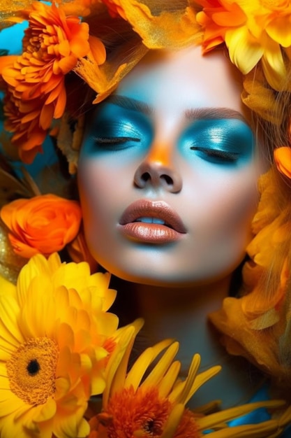 A woman with blue eyes and a flower on her face