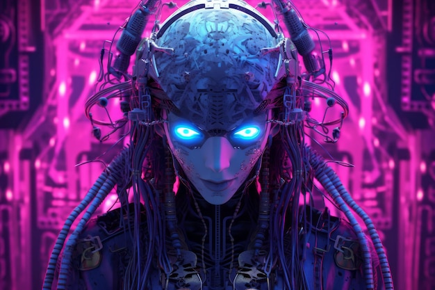 A woman with blue eyes in a futuristic setting