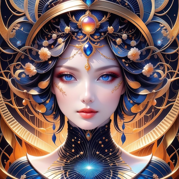 a woman with a blue eyes and a gold crown