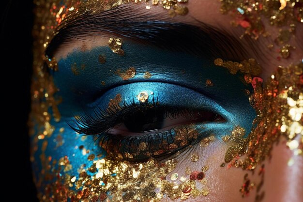 a woman with blue eyes and gold glitter