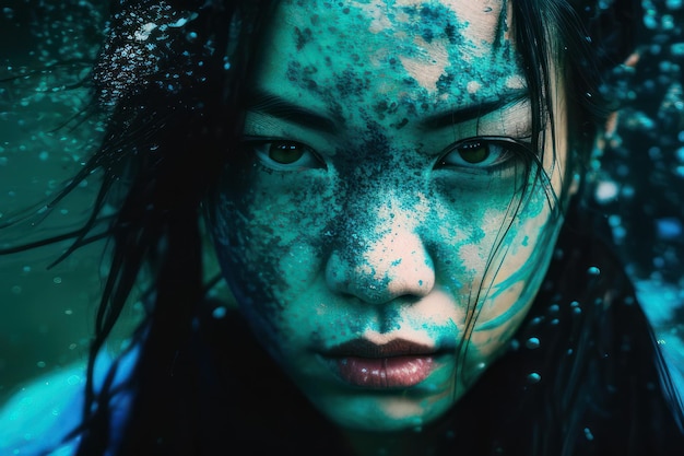 A woman with blue eyes and green hair is covered in water.