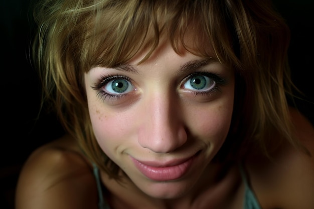 a woman with blue eyes and a green shirt