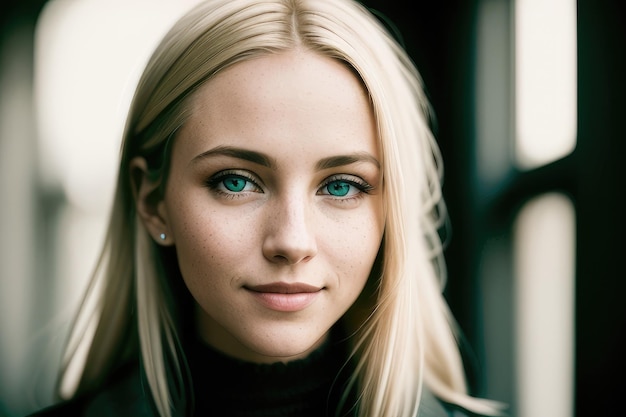 A woman with blue eyes and a green turtleneck