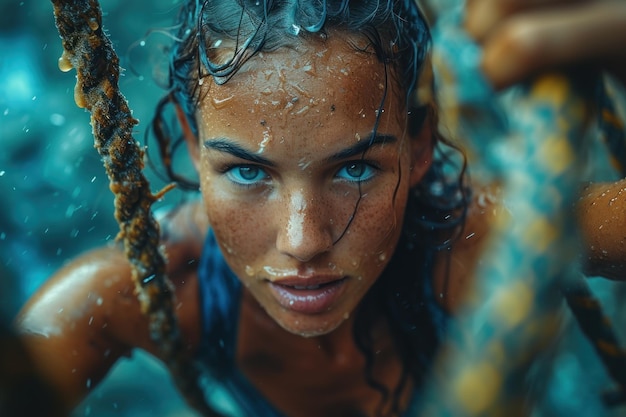 Woman with blue eyes holding rope