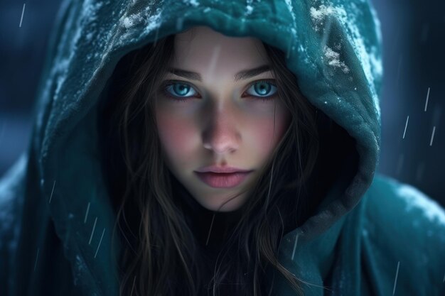 A woman with blue eyes and a hood