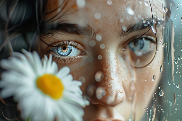 Photo a woman with blue eyes is looking at a white flower