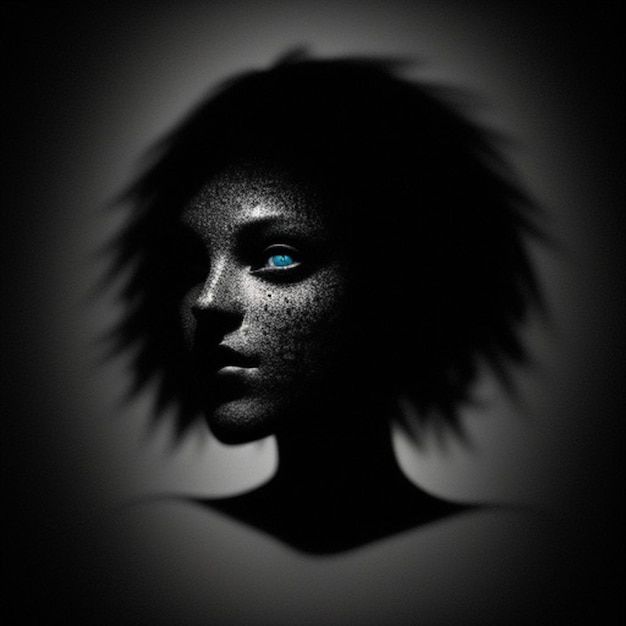 a woman with blue eyes is shown with a shadow of a woman