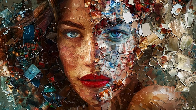 a woman with blue eyes is standing in front of a mosaic of a woman
