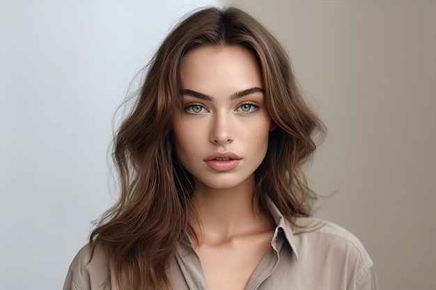 A woman with blue eyes is standing in front of a white wall.