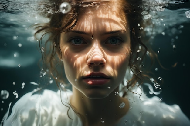 Woman with blue eyes is submerged in water with bubbles around her Generative AI