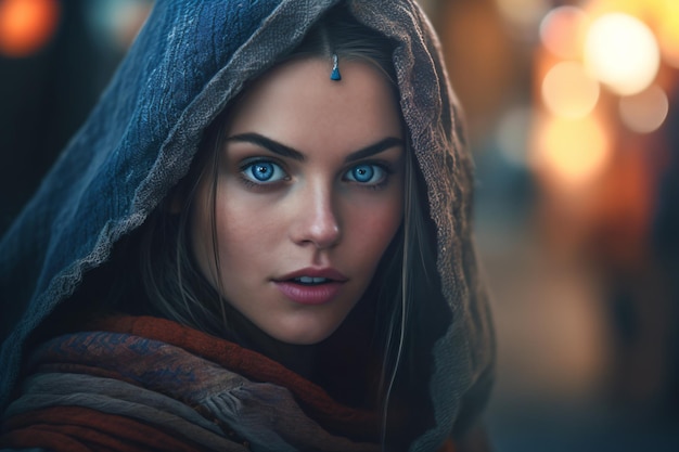 a woman with blue eyes is wearing a blanket