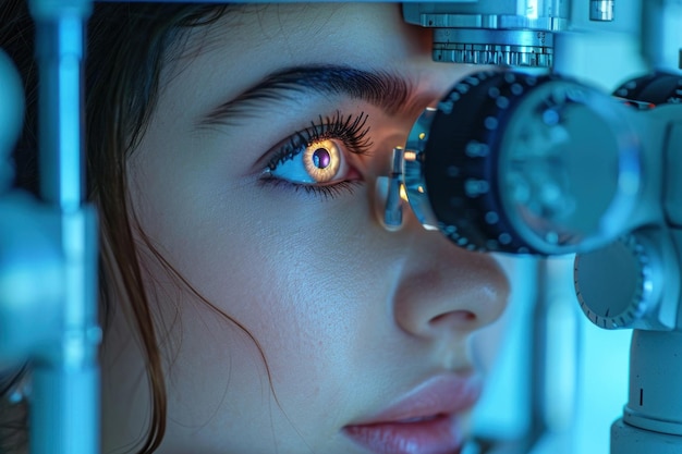 Woman with blue eyes looking through ophthalmologists machine