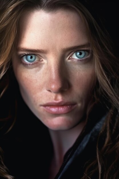 A woman with blue eyes looks at the camera.