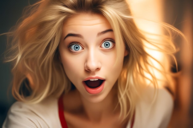 Фото Женщина с голубыми глазами делает удивленное лицо с волосами, дулшими на ветру генеративный ии