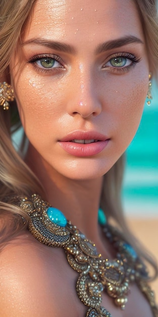 A woman with blue eyes and a necklace on