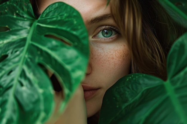 Photo woman with blue eyes peeking through green leaves