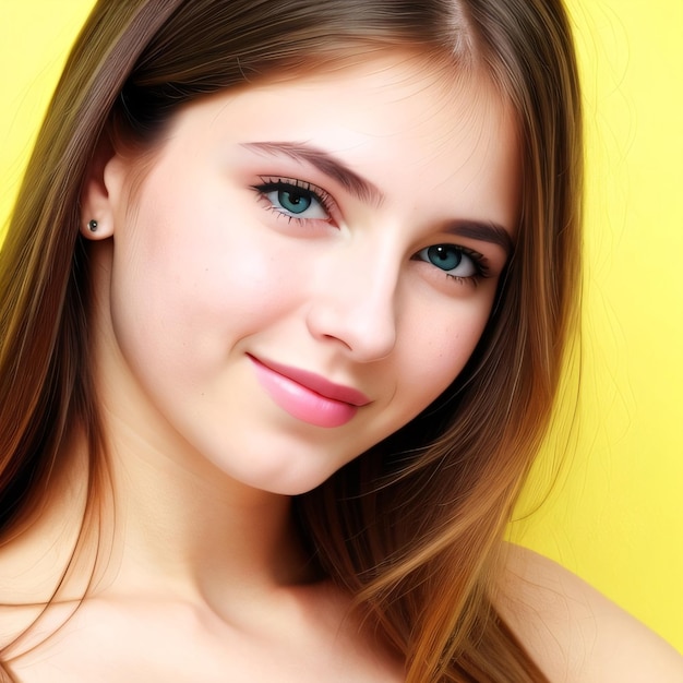 Photo a woman with blue eyes and a pink lip smiles.