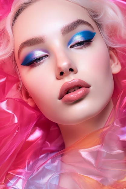 A woman with blue eyes and pink makeup